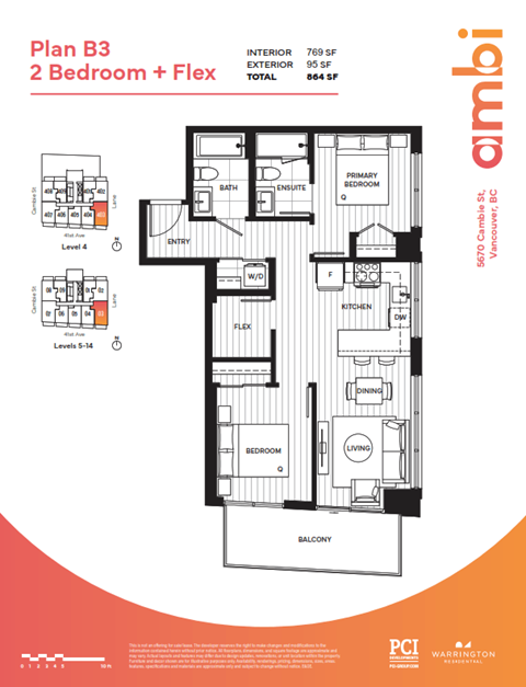 Floor plan for 2 beds, 2 baths, 769 sqft